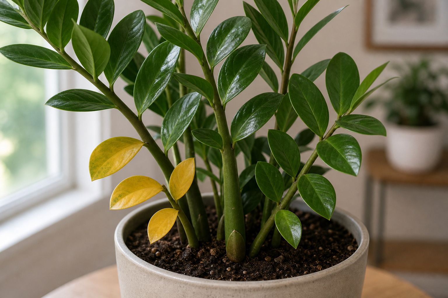 ZZ Plant Yellow Leaves: The Wet Soil Warning plant symptom example