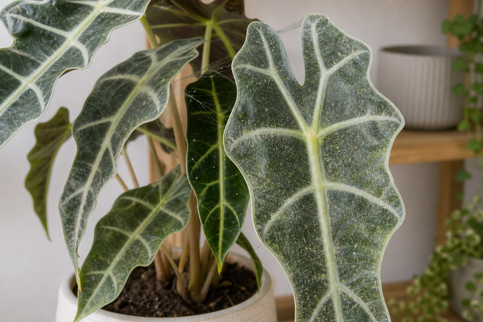 Alocasia spider mites plant symptom example