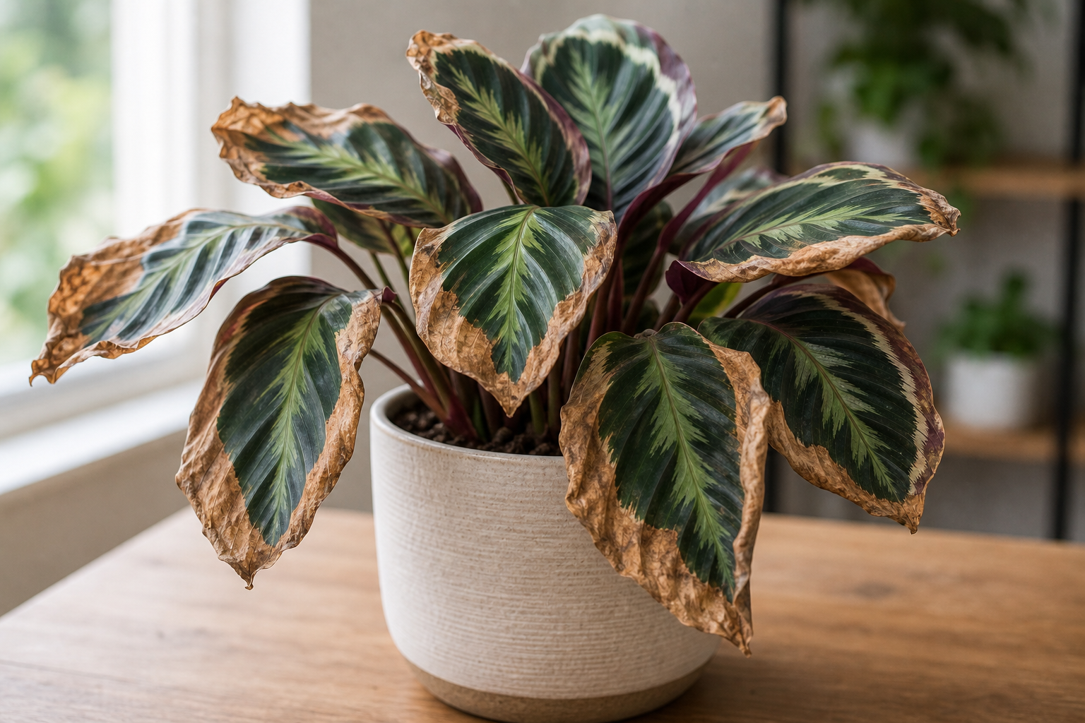 Calathea crispy leaves plant symptom example