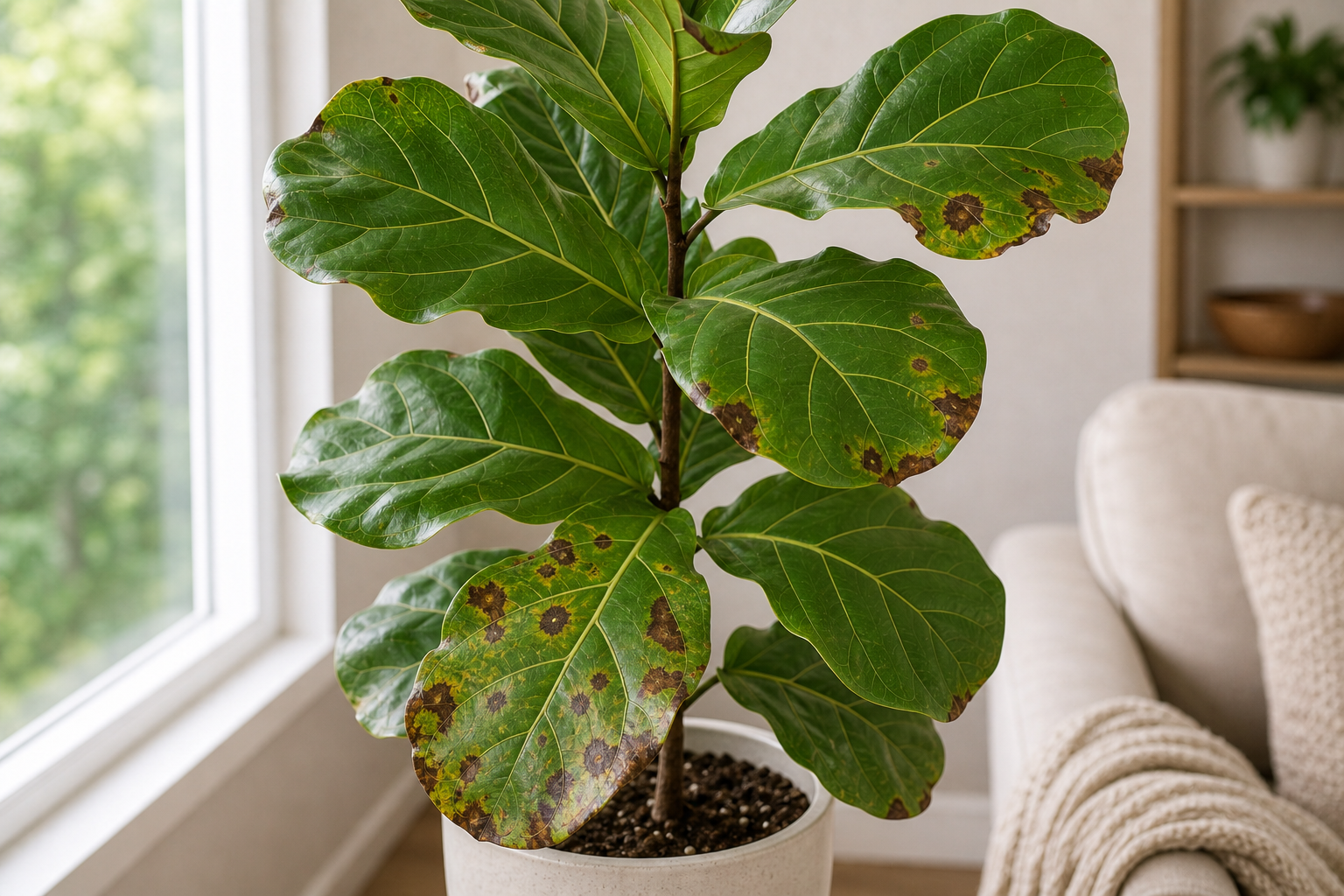 Fiddle Leaf Fig brown spots plant symptom example