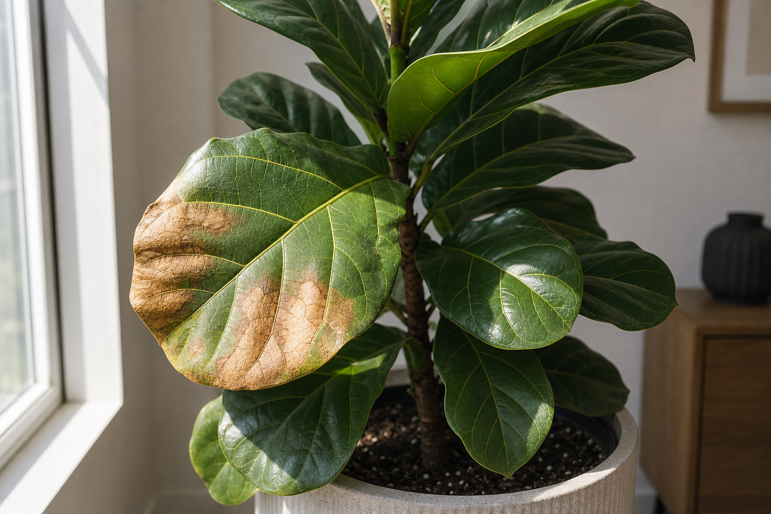 Fiddle Leaf Fig sun scorch plant symptom example