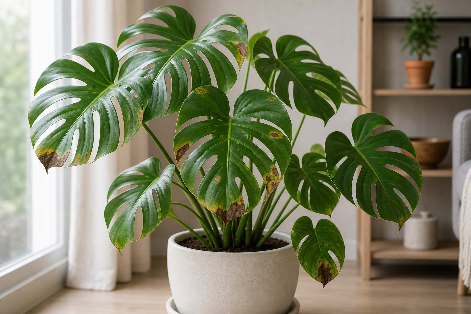 Monstera brown spots plant symptom example