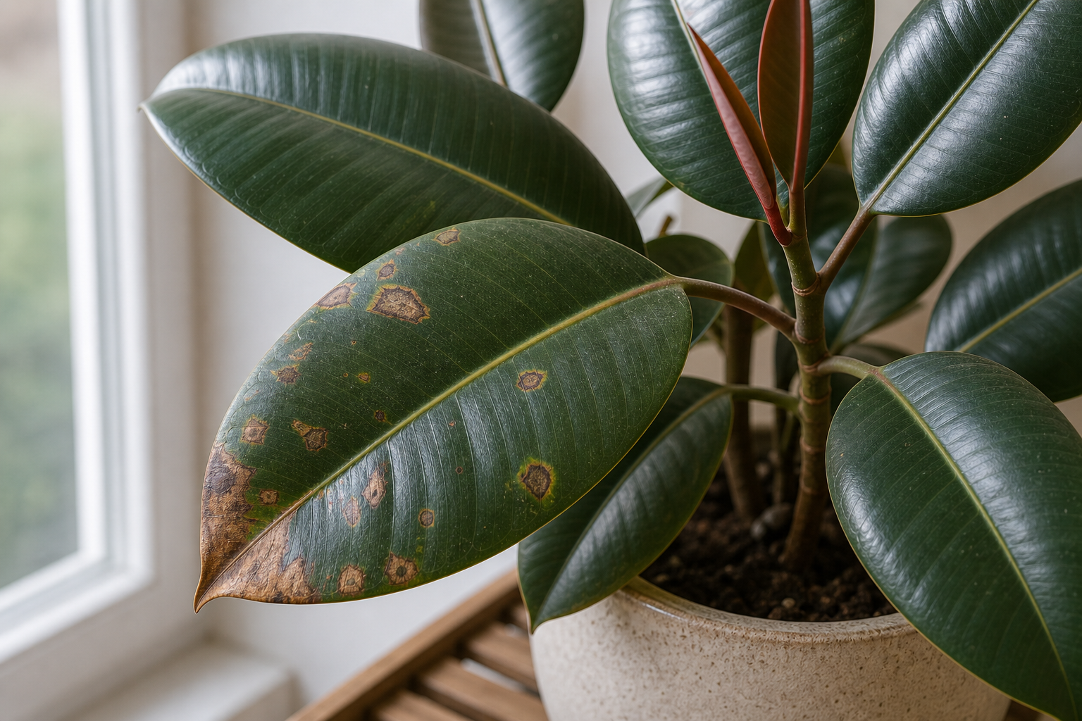 Rubber Plant brown spots plant symptom example