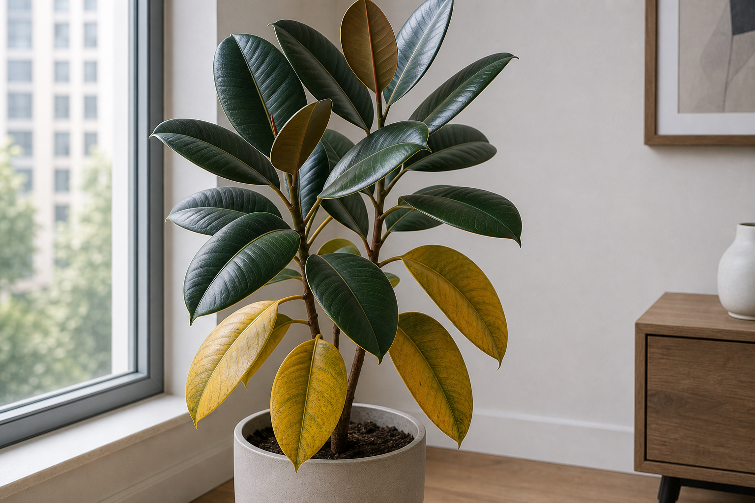 Rubber Plant yellow leaves plant symptom example