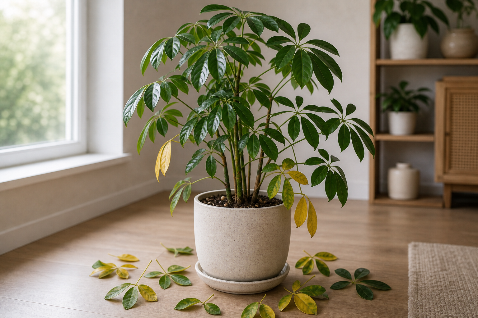 Schefflera leaf drop plant symptom example