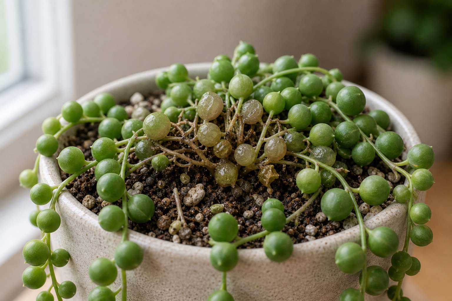 String of Pearls mushy leaves plant symptom example